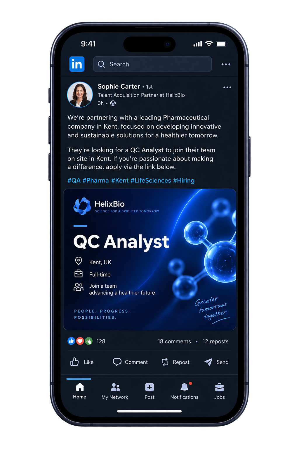 LinkedIn job sharing mockup shown on a smartphone